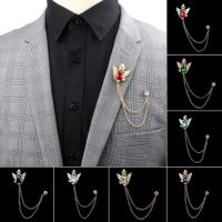 {EDDLYT}แฟชั่นใหม่คริสตัลสีแดงพู่โซ่เข็มกลัด Pin Retro เสื้อชุด Lapel Pins Badge ชุด Corsage เข็มกลัดเครื่องประดับผู้ชายหรูหราของขวัญ