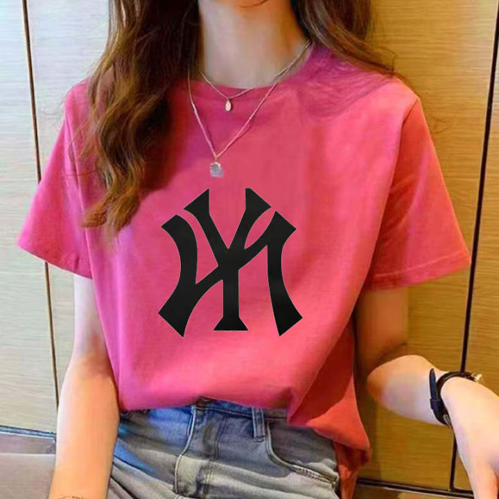 เสื้อยืดผู้หญิงสีชมพูใหม่ฤดูร้อนแขนสั้นพิมพ์ลายเรียบง่ายแฟชั่นลำลองโอเวอร์ไซส์เสื้อเชิ้ตสไตล์เกาหลี