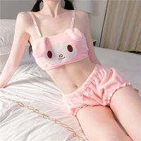 Kawaii BRA PLUS Velvet Long Ear Doggy Face Top Bloomers Shorts for Teenage Pink White Womens Sleepwear Adorable Underwear