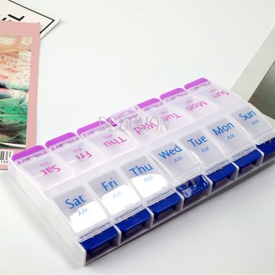 【CW】∏  Weekly 7 Days Pill 14 Compartments Organizer Plastic Medicine Storage Dispenser Cutter Drug Cases