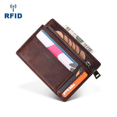RFID การปิดกั้นช่องเสียบการ์ดหลายช่องด้านหน้าแบบบางกระเป๋าเก็บบัตร ID เครดิตหนังแท้กระเป๋าสตางค์แบบบางเฉียบสำหรับผู้ชายกระเป๋า Pouch Koin มีซิป