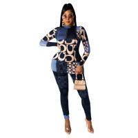 New 2-piece Set Womens Vintage Nightclub Fashion Slim Fit Commuter Lengthened T-shirt High Neck Letter Printed Pants Set