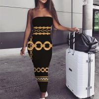 【YF】 KYKU Brand Chain Dress Women Baroque Trend Party Gold Stripes Bodycon Lattice sleeveless Ring Sundress Womens Clothing