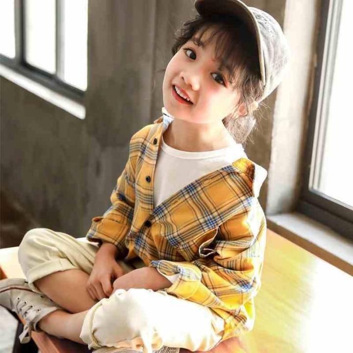เสื้อเชิ้ตสำหรับเด็กผู้หญิง-เสื้อเชิ้ตลายสก๊อตแขนยาวทรงหลวมสไตล์เกาหลีวัยรุ่นเสื้อผ้าเด็กสำหรับฤดูใบไม้ผลิ
