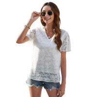 Summer V-neck Flower Lace Chiffon Shirt Top Women Fashion Elegant Casual Loose Short Sleeve Pullover White Black Blouse Top XXL