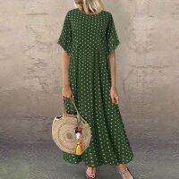 【Ladies shop】ผู้หญิง MaxiSundressO คอยาว MaxiFemaleDot Pinted SummerBeach Boho ชุด Vestidos เสื้อคลุม