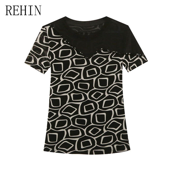 rehin-เสื้อยืดผู้หญิง-เสื้อยืดแขนสั้นพิมพ์ลายตาข่ายลูกปัดติดคอกลมสไตล์เกาหลีแบบใหม่แฟชั่นฤดูร้อน