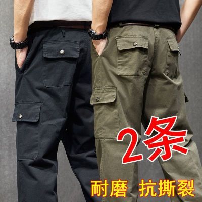 กางเกงคาร์โก้กางเกงผู้ชายกางเกงผ้าคอตตอนทรงตรงกางเกงขายาวลายพรางทนต่อการสึกหรอใส่ทำงานเชื่อมกัน