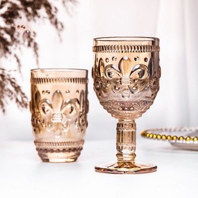 [ใหม่2023] Drinkware ถ้วยหนา Relief ที่มีสีสันยุโรปสไตล์เท้าแก้วไวน์ Gold Rimmed รอบแก้ว Lily น้ำกาแฟชาถ้วย