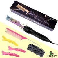 Leeons Black Hot Comb Hair Straightener Flat Iron Electric Hot Heating Comb Wet And Dry Hair Curler Straight Styler Curling Iron