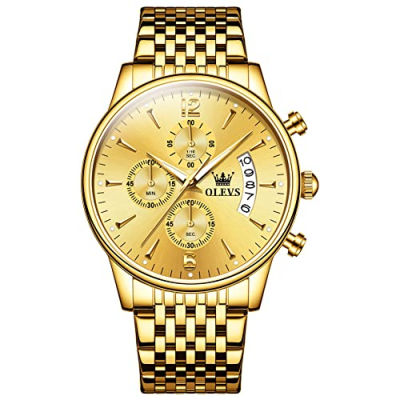 OLEVS Mens Stainless Steel Chronograph Watch, Big Face Gold Silver Black Tone Easy to Read Analog Quartz Watch, Luxury Waterproof Date Diamond Roman Arabic Numerals Dial Dress Watch for Men Gold Dial/Gold Strap