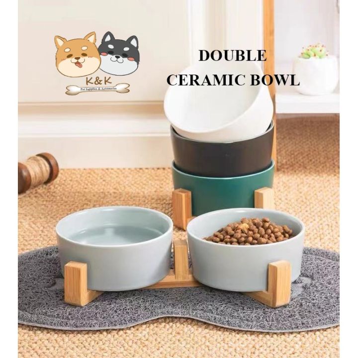 Double Bowl Design Ceramics Dog and Cat Bowl with Wood Stand Matte ...