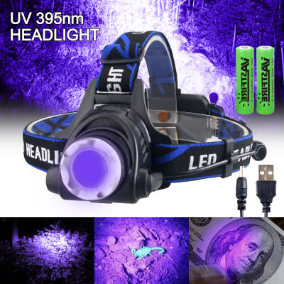 2000LM GreenRedUV 395nm Headlamp Waterproof Zoomable Ultraviolet Headlight USB Rechargeable Head Lamp 3 Modes Hunting Torch