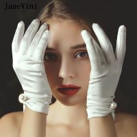 ❆❅❖ JaneVini Elegant Short Satin Wedding Gloves Women Bridal Party Gloves Sheer Tulle Wrist Length Bride Gloves Gants Satin Courts