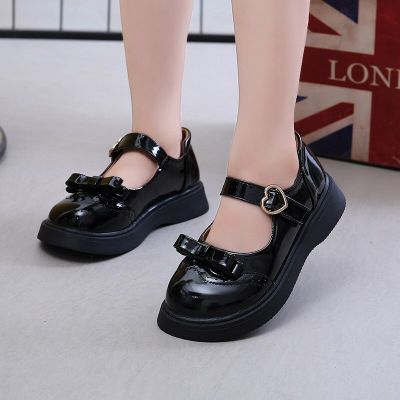 Black Classic Girls Leather Shoes for School 2023 Spring and Autumn New Glossy Versatile Childrens Fashion Casual Shoes Casual