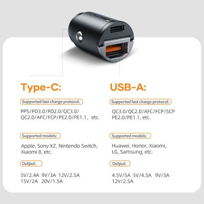 ROCK ที่ชาร์จแบตในรถ USB 30W ชนิด C สำหรับ14 Pro Max QC3.0 PD3.0โลหะขนาดเล็ก USB คู่อะแดปเตอร์ชาร์จได้อย่างรวดเร็ว