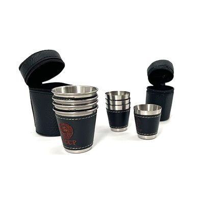 ：“{—— 4Pcs/Lot 30/70Ml Outdoor Camping Tableware Travel Cups Set Picnic Supplies Stainless Steel Wine Beer Cup Whiskey Mugs PU Leather