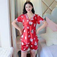 【jw】❈  Set for Womens V-neck Silk Korean Loose Short-sleeve Wear Sleepwear