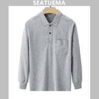 SEATUEMA เสื้อยืดสีทึบ ชายวัยกลางคนแขนยาวพิมพ์เสื้อด้านล่างกระเป๋าจริงเสื้อโปโลผ้าฝ้ายคุณภาพสูง