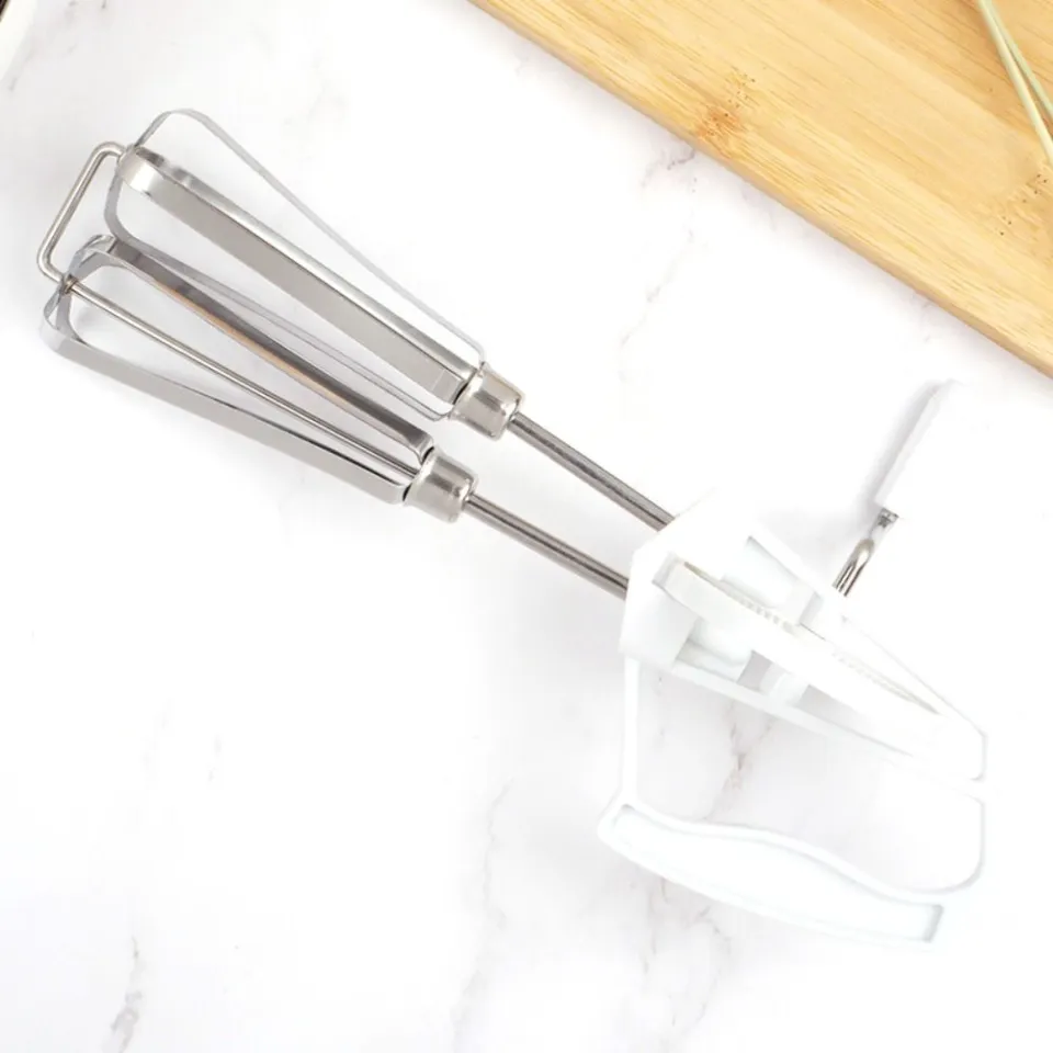 Hand Crank Egg Beater Stainless Steel Rotary Hand Whisk Manual Egg Mixer Kitchen Cooking Tool, Size: 25.5*13*6.5cm, White