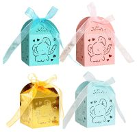 50/100pcs Cute Elephant Laser Cut Carriage Favors Box Gift Candy Boxes With Ribbon Baby Shower Wedding Birthday Party Decoration Gift Wrapping  Bags