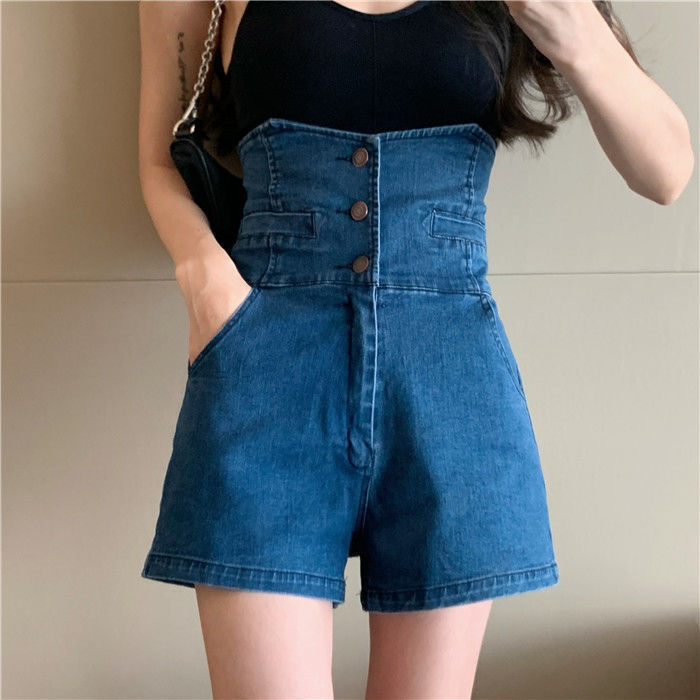 กระโปรงสั้นผ้าเดนิมเอวสูงสำหรับแฟชั่นของผู้หญิงฉบับภาษาเกาหลีกางเกงขากว้างสำหรับนักเรียนหญิง-celana-pendek-denim