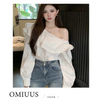 [OMIUUS] Women Pullover Cropped Shirts Top Ruffle Trim One-Shoulder Blouses