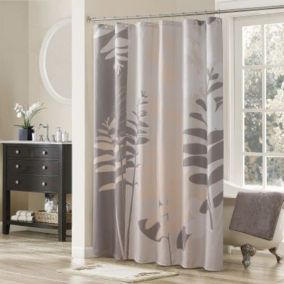 【CW】✕  Polyester Taupe Fabric Leaves Printed Tan Floral Shower Curtain