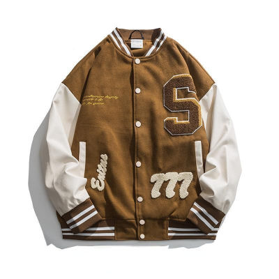 Brown American Y2K vintage streetwear letters flocking embroidery high quality baseball uniform jackets for women winter jackets