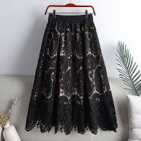 Womens Floral Print Lace Hollow Out Skirts Spring Summer Fashion Korean Style High Waist Ladies Casual A Line Female Long Skirt