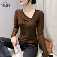 YIMEI เสื้อยืดคอกลมตาข่ายแฟชั่นแบบใหม่ในฤดูใบไม้ร่วงติดเพชรสำหรับงานหนักเสื้อผ้าระบายขอบเต้นสีแดง