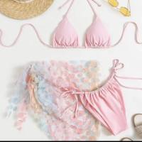 Bikini SET 3 ชิ้น (สีชมพูหวานๆ) ผ้าคลุมบิกินี่ดอกไม้ พร้อมส่งในไทย