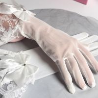 ✾✆ Short Tulle Gloves with Floral Lace Bow Decor Sheer Wedding Bridal Gloves Wrist Length for Costume Party Opera Prom