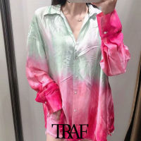 TRAF Women Fashion Tie-Dye Print Loose Cozy Blouses Vintage Long Sleeve Button-up Female Shirts Blusas Chic Tops