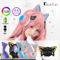 Girls Cat Wireless Headphones with Microphone, Stereo Bass Cute Kid RGB Music Phone Bluetooth Headset Gamer Woman Set LED Colors