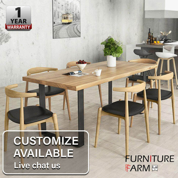 F&F [2.5cm] NAZES Solid Rubber Wood Dining Table with 6 Chairs Lazada