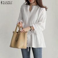 COD dhdfxcz ZANZEA Women Drawstring Waist Long Puff Sleeve Loose Elastic Cuff Casual Blouse