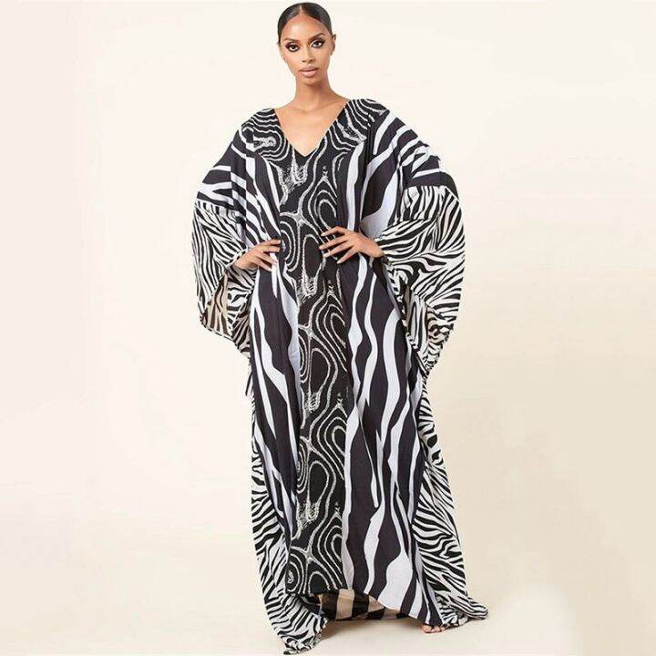 Egypt Maxi Dress For Women Kaftan Zebra Animal Print Long Abaya Vintage