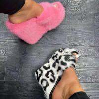 Brand Luxury new women feminine high-heeled fur drag outdoor all-match shoes slippers round head wedges with mink fur slippers