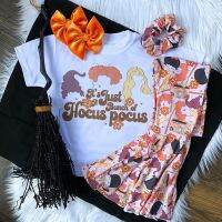 【CW】 FOCUSNORM 2 Style Halloween Baby Girls Clothes Sets 3PCS Letter Printed Short Sleeve T Shirts Floral Bell-Bottoms Pants Hairband