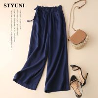 Cotton linen straight loose wide-leg 8 colors pants for women 2022 summer elastic waist pleated light ankle-length womens pants