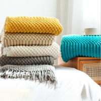 3D Plaid Knitted Blanket Solid Color Embossed Blanket Nordic Decorative Blanket for Sofa Bed Throw Chunky Knit Throw Blankets Hotel Bed Chair Decor Comfortable Bedspread Women Tassel Shawl warm