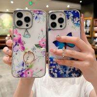 ตัวชุบโลหะหรูหราเคสโทรศัพท์ HTT สำหรับ IPhone 14 13 Plus Max 14 13 Pro หัวเข็มขัดแหวนใส่นิ้วเคสโทรศัพท์เคสโทรศัพท์