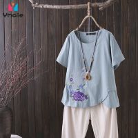 ☎ Cotton and Linen Embroidery Short-sleeved Blouse Plus Size Womens Loose and Simple Top