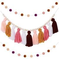 2X Boho Tassel Garland Tassel Wall Hanging Decor Pastel Tassel Banner with Wood Beads and 4 Pieces Colorful Pom Pom(A)