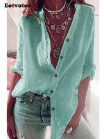 ﺴ☞✿  S-5XL Button Up Shirts Women Oversized Summer Autumn Cotton Linen Blouses Fashion White Casual Loose Solid Rollable Sleeve Tops