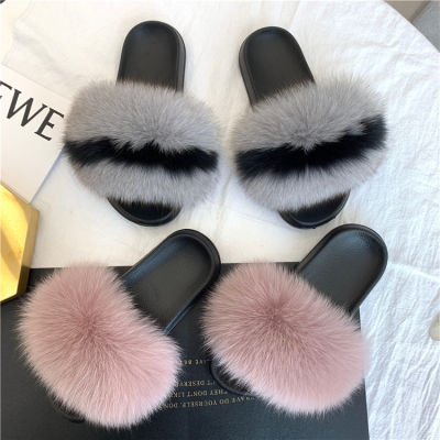 Real Fur Slippers Women Real Fox Fur Slides Home Furry Flat Sandals Female Cute Fluffy House Shoes Ladies high quality slippers