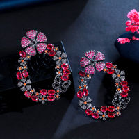 CWWZircons Beautiful Hot Pink Red Cubic Zircon Crystal Long Drop Flower Party Earrings for Women Wedding Bridal Jewelry CZ090