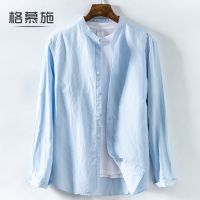 Germusch stand-up collar linen shirt mens spring and summer long-sleeved solid color round neck casual cotton and linen Chinese style fresh shirt 【SSY】