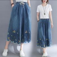 Calf-Length Pants Fashion Womens Jeans Embroidered Elastic Waist Wide Leg Jeans Loose Pantskirt Exercise Bands